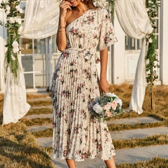 Boho floral pleated belted off shoulder dress - Picture 4 of 8